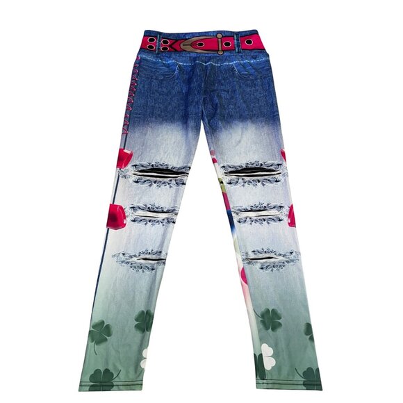 Faux Denim Leggings With Butterfly & Floral Print Size Medium Sexy Stretch Pants - Picture 1 of 5